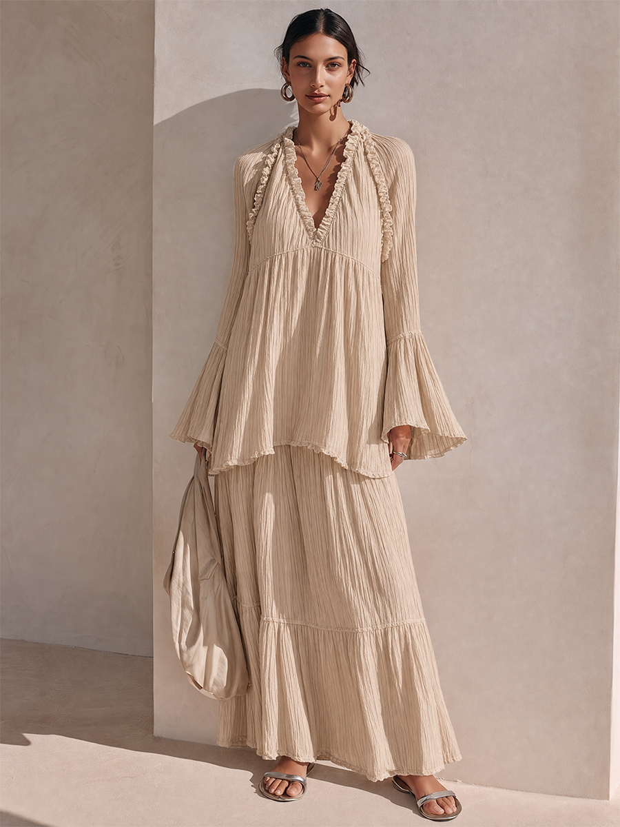 Women's Solid Beige Crinkled-Texture Tiered Ruffle Maxi Dress MDZ0232G9ZRK