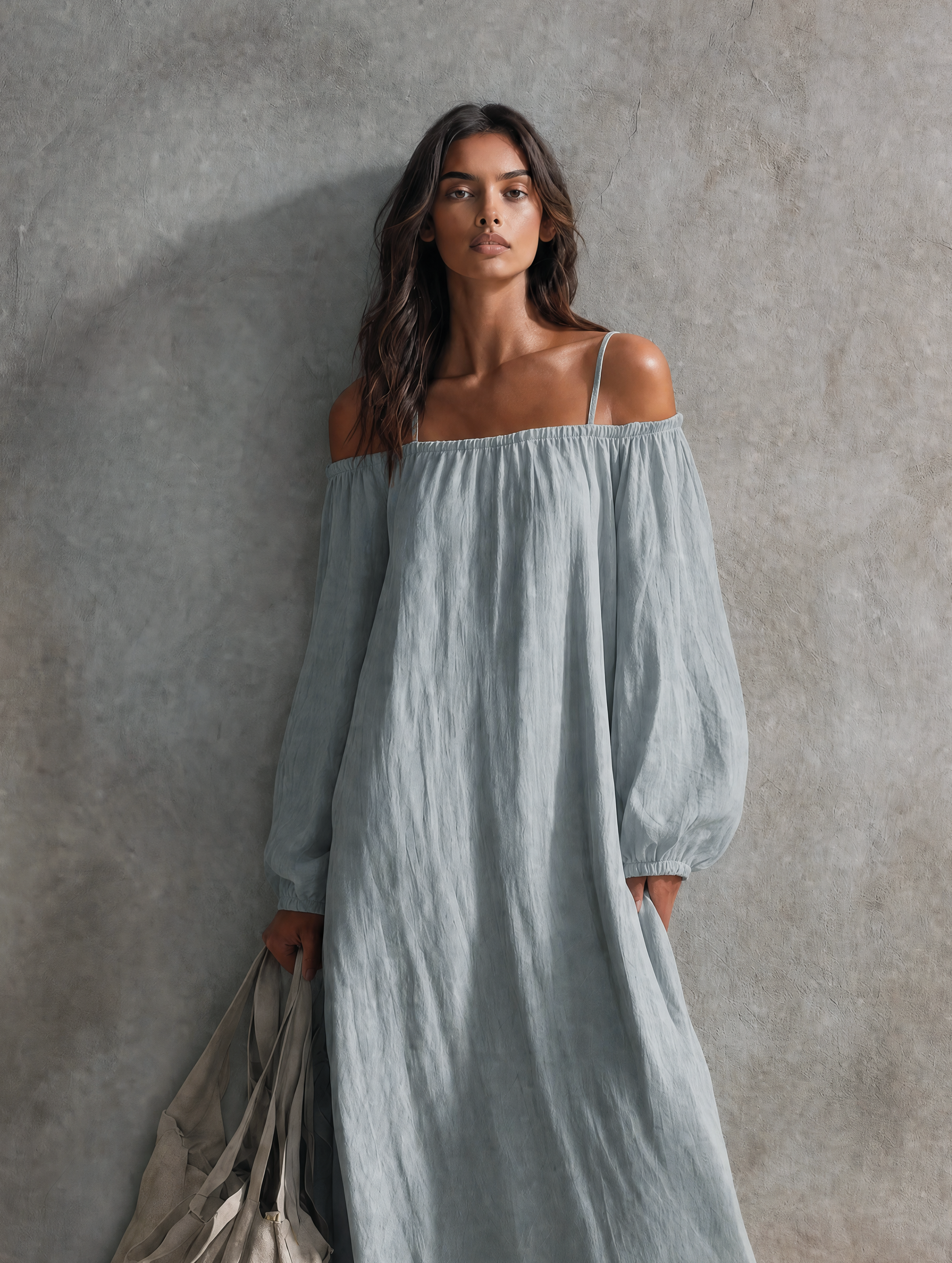 Women's Casual Light Grey-blue Cotton-linen Maxi Dress With Spaghetti Straps, Off-shoulder Design, And Long Sleeves MDZ0266G4LXY