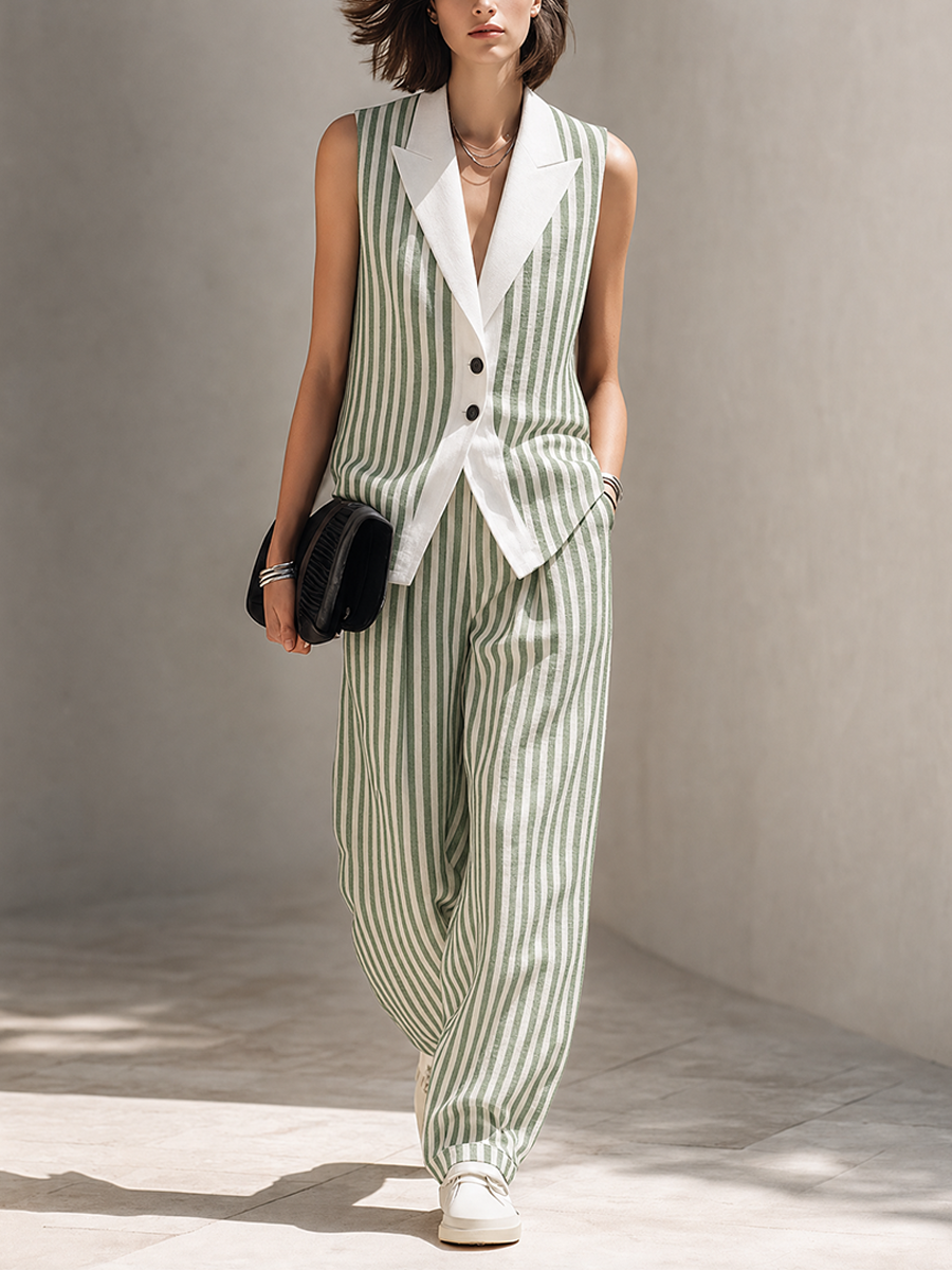 Women's Minimalist Green & White Striped Linen-Blend Sleeveless Vest And Wide-Leg Trouser Set MDZ0222G0ZRK
