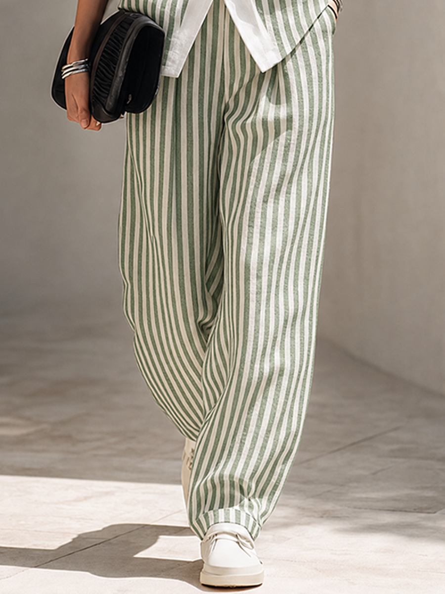 Women's Minimalist Green & White Striped Linen-Blend Sleeveless Vest And Wide-Leg Trouser Set MDZ0222G0ZRK