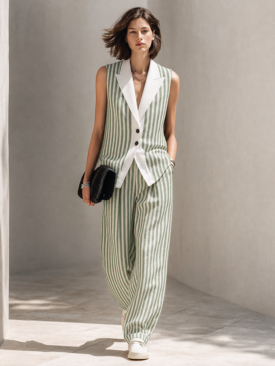 Women's Minimalist Green & White Striped Linen-Blend Sleeveless Vest And Wide-Leg Trouser Set MDZ0222G0ZRK