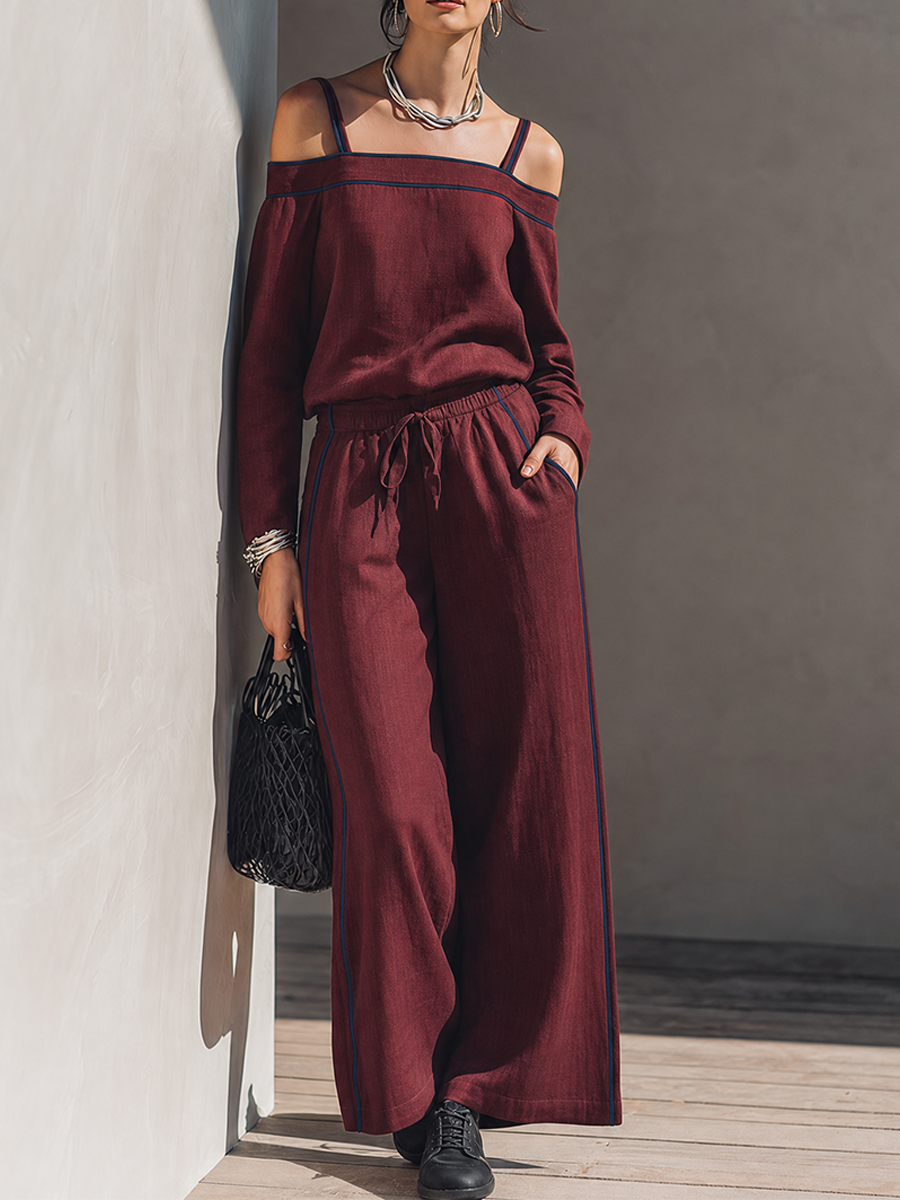 Women's Minimalist Solid Burgundy Linen-Blend Off-Shoulder Top & Wide-Leg Pants Set MDZ0288G9ZRK