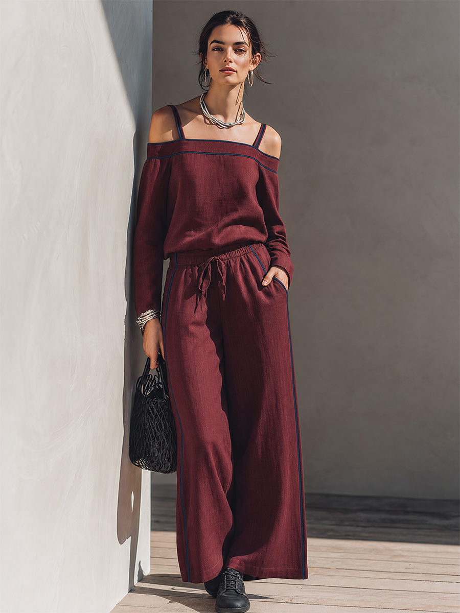 Women's Minimalist Solid Burgundy Linen-Blend Off-Shoulder Top & Wide-Leg Pants Set MDZ0288G9ZRK