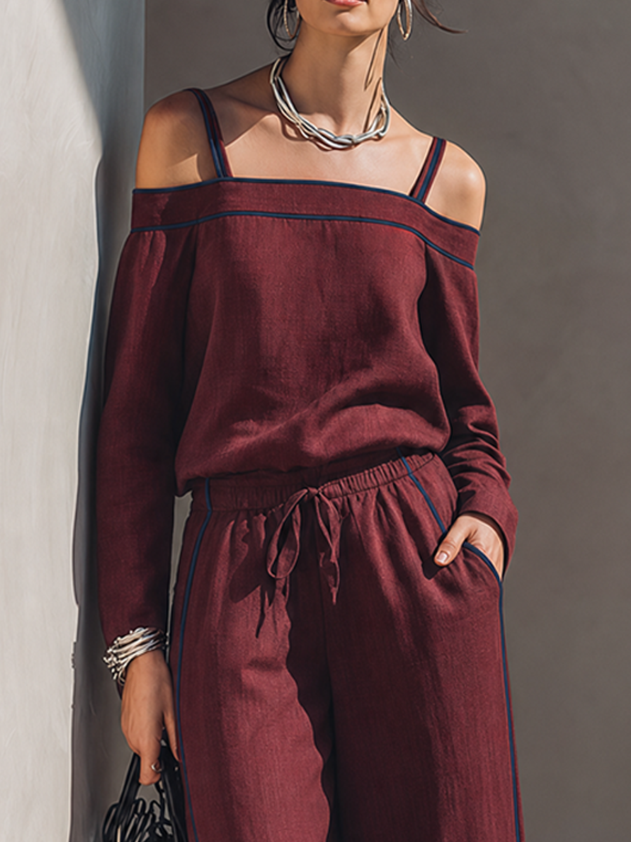 Women's Minimalist Solid Burgundy Linen-Blend Off-Shoulder Top & Wide-Leg Pants Set MDZ0288G9ZRK