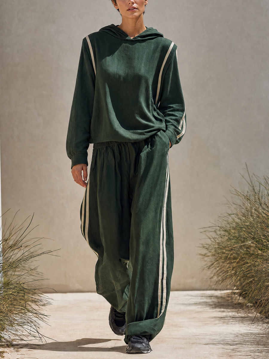 Women's Minimalist Dark Green Linen-Blend Hooded Top & Wide-Leg Pants Set With Side Stripes MDZ0291G1ZRK