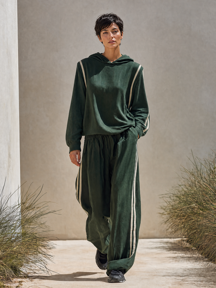 Women's Minimalist Dark Green Linen-Blend Hooded Top & Wide-Leg Pants Set With Side Stripes MDZ0291G1ZRK