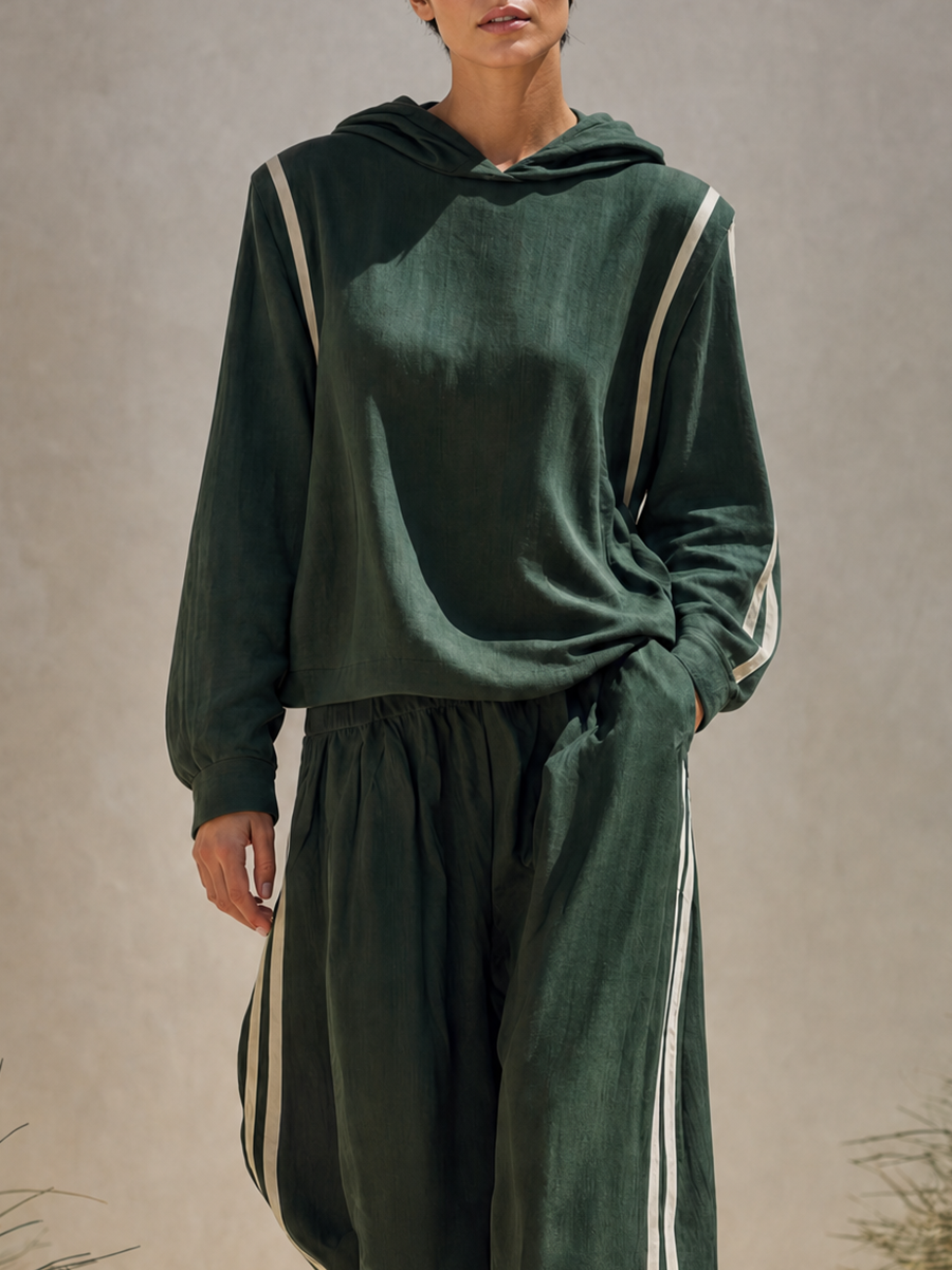 Women's Minimalist Dark Green Linen-Blend Hooded Top & Wide-Leg Pants Set With Side Stripes MDZ0291G1ZRK