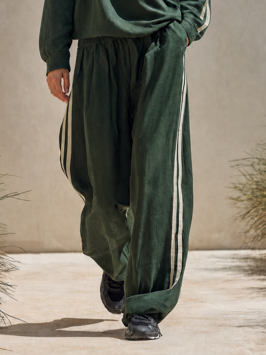 Women's Minimalist Dark Green Linen-Blend Hooded Top & Wide-Leg Pants Set With Side Stripes MDZ0291G1ZRK