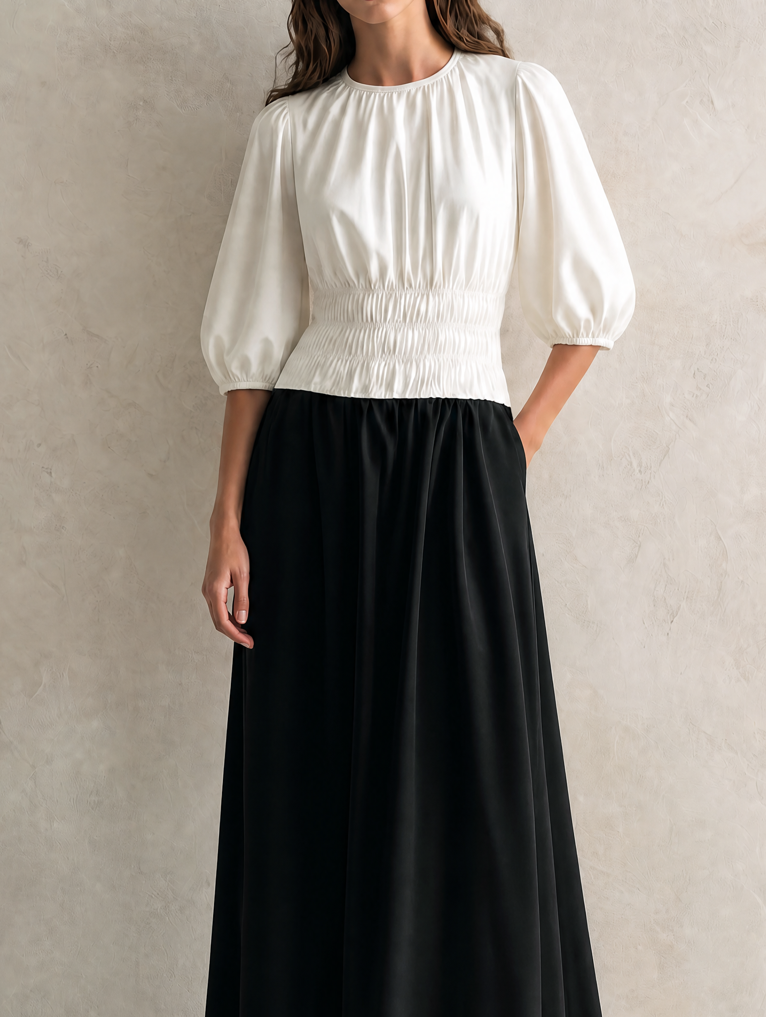 Women's Casual Black And White Woven Maxi Dress With A Round Neck And Mid-length Sleeves MDZ0231G6LXY