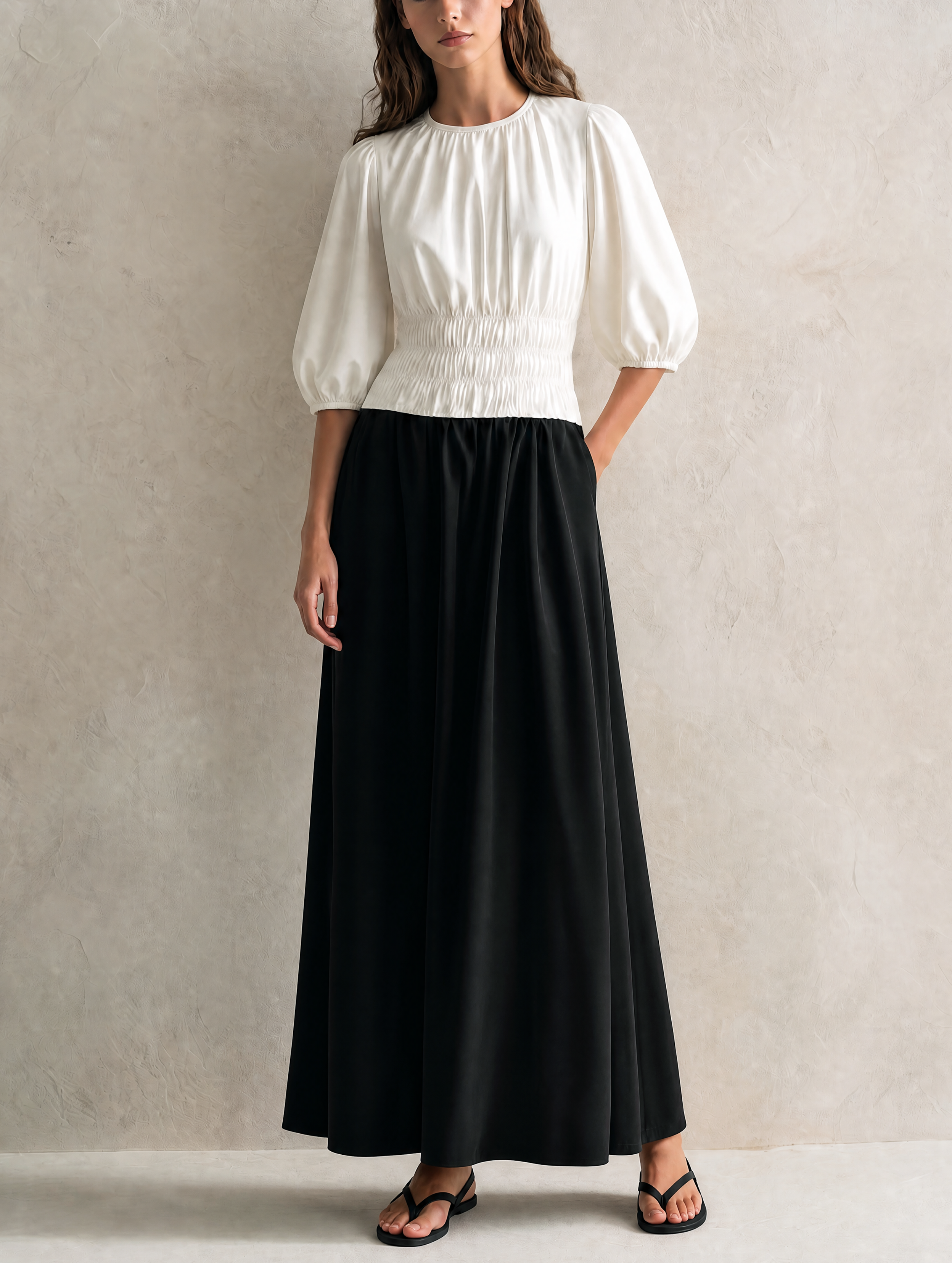 Women's Casual Black And White Woven Maxi Dress With A Round Neck And Mid-length Sleeves MDZ0231G6LXY