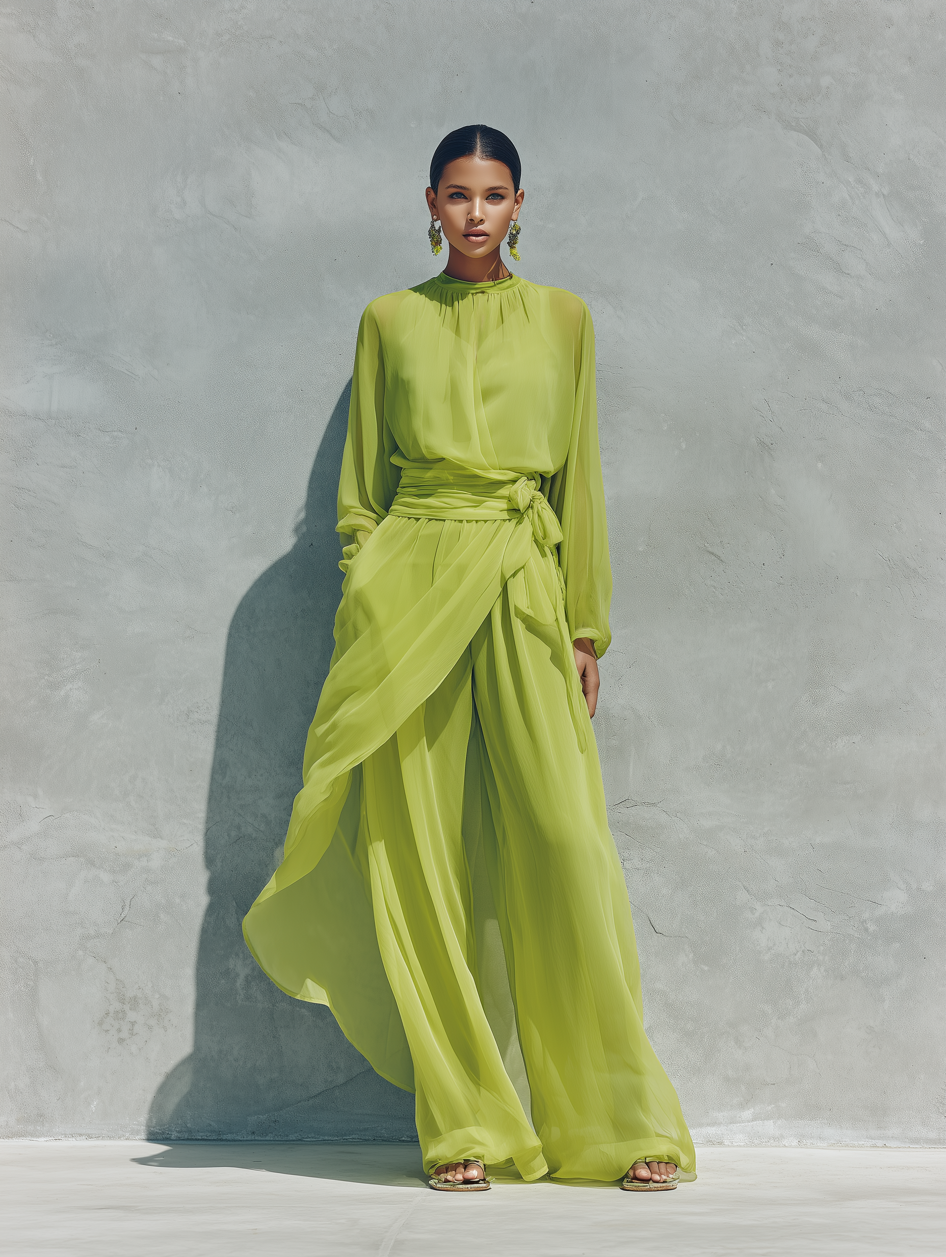 Women’s Lime Green Sheer Chiffon High Neck Balloon Long Sleeve Wrap Tie Waist Overlay Skirt Wide Leg Pants Two Piece Vacation Set MDZ0273G7T