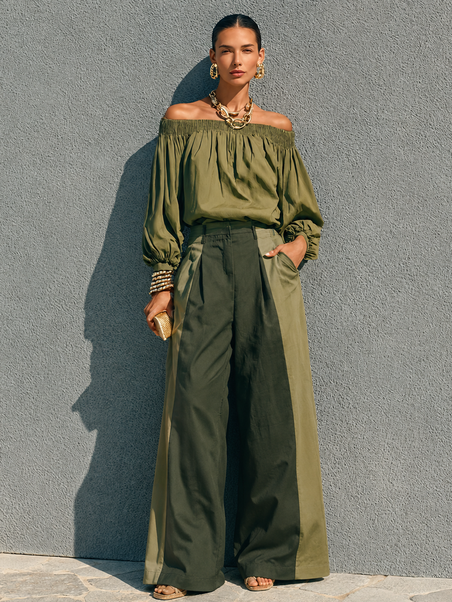 Women's Casual Military Green Cotton Blend Off Shoulder Lantern Sleeve Color Block Wide Leg Trousers Set MDZ0103G1GMJ