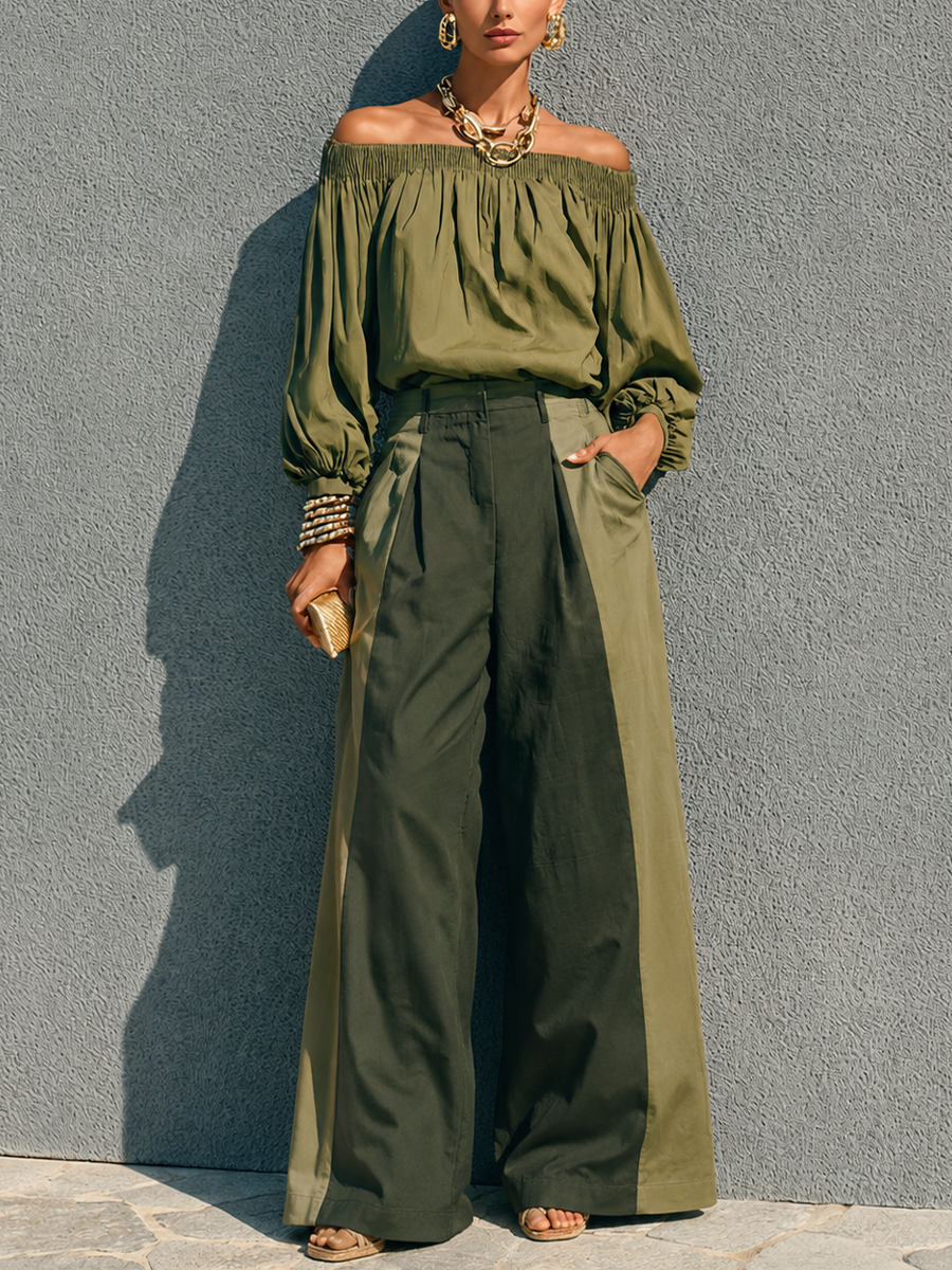 Women's Casual Military Green Cotton Blend Off Shoulder Lantern Sleeve Color Block Wide Leg Trousers Set MDZ0103G1GMJ