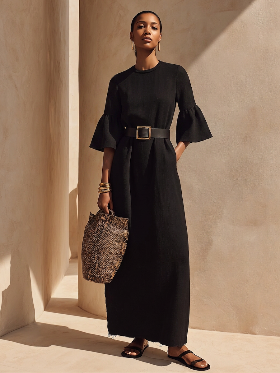 Women’s Black Crew Neck Flare Half Sleeve Raw Frayed Hem Midi Maxi Dress With Side Pockets MDZ0263G4YZJ