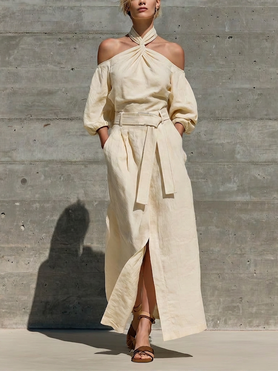 Women’s Cream Linen Twist Halter Off Shoulder Puff Elbow Sleeve Self Belt Waist Front Split Maxi Dress MDZ0278G5T