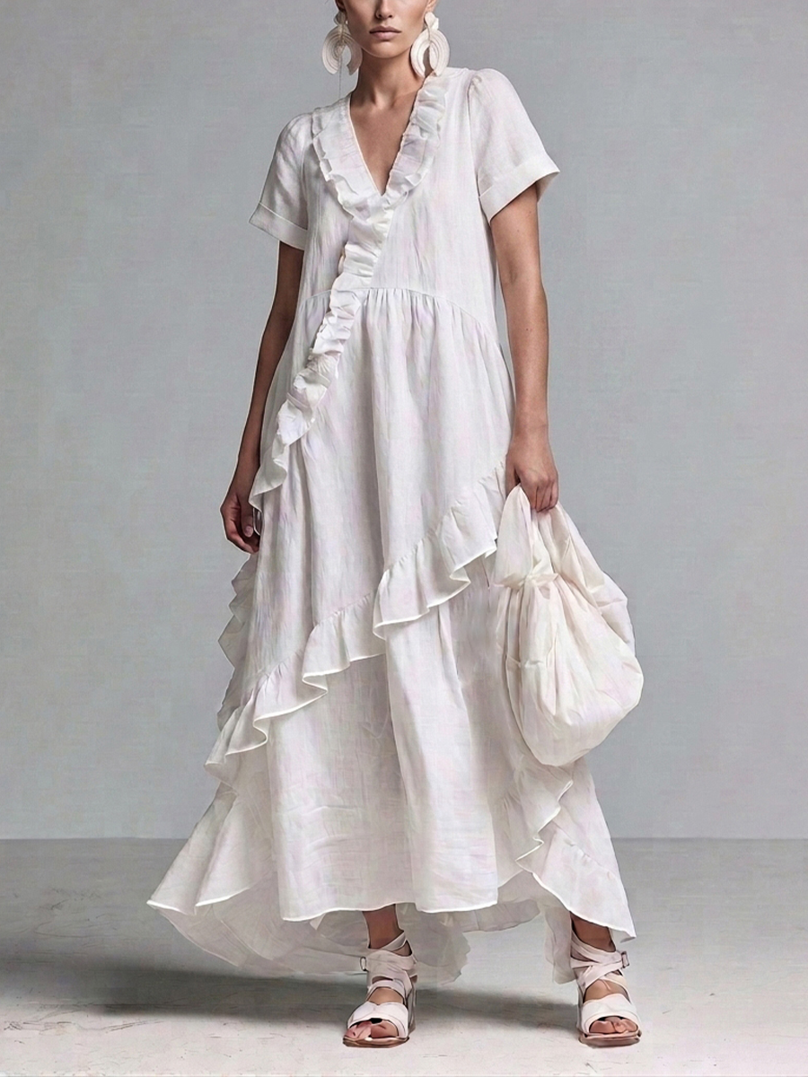 Women’s Boho White Linen Short Sleeve Ruffle Trim V-Neck Loose Flowly High Low Hem Maxi Dress MDZ0229G9T