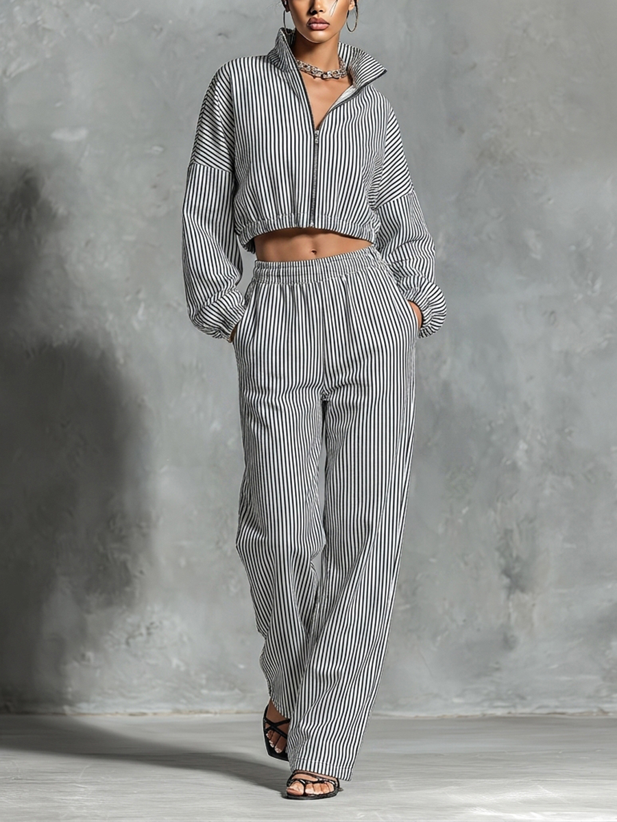 Women’s Black White Vertical Stripe Stand Collar Full Zip Cropped Jacket & Elastic High Waist Wide Leg Pocket Pants Two Piece Tracksuit Set MDZ0287G4T