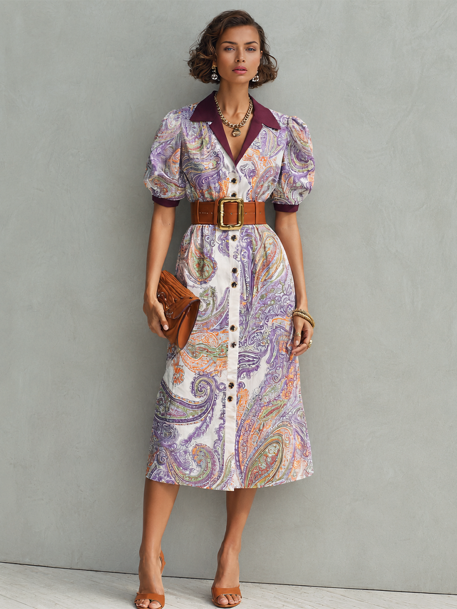 Women's Retro French Style Purple Tone Cotton Blend Paisley Print Lapel Puff Short Sleeve Waist Cinched Midi Shirt Dress MDZ0287G0GMJ