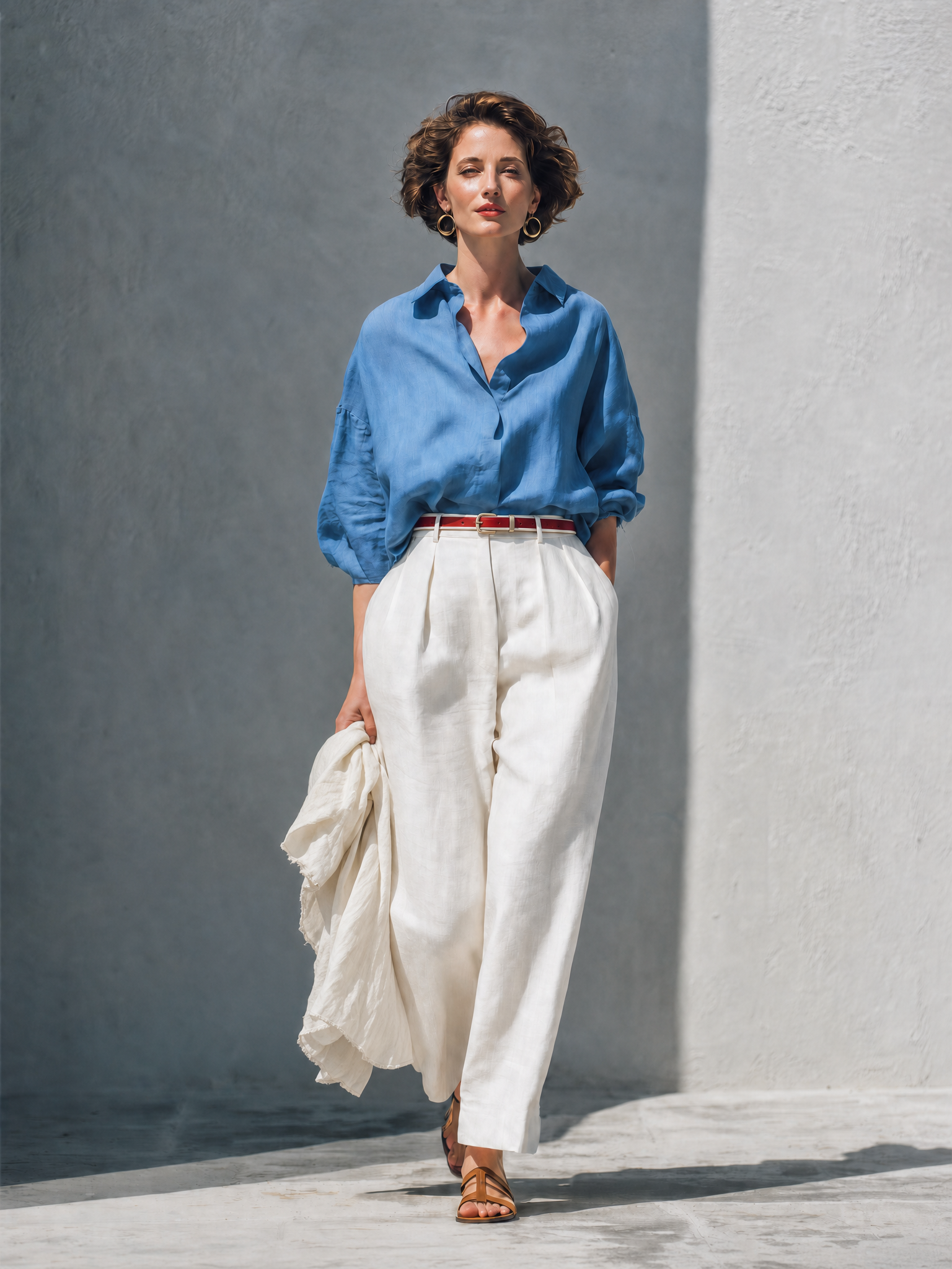 Women's Casual Linen Blend Two-Piece Set — Dusty Blue Oversized Collared Long Sleeve Shirt & Ivory High-Waisted Wide-Leg Trousers MDZ0345G8O