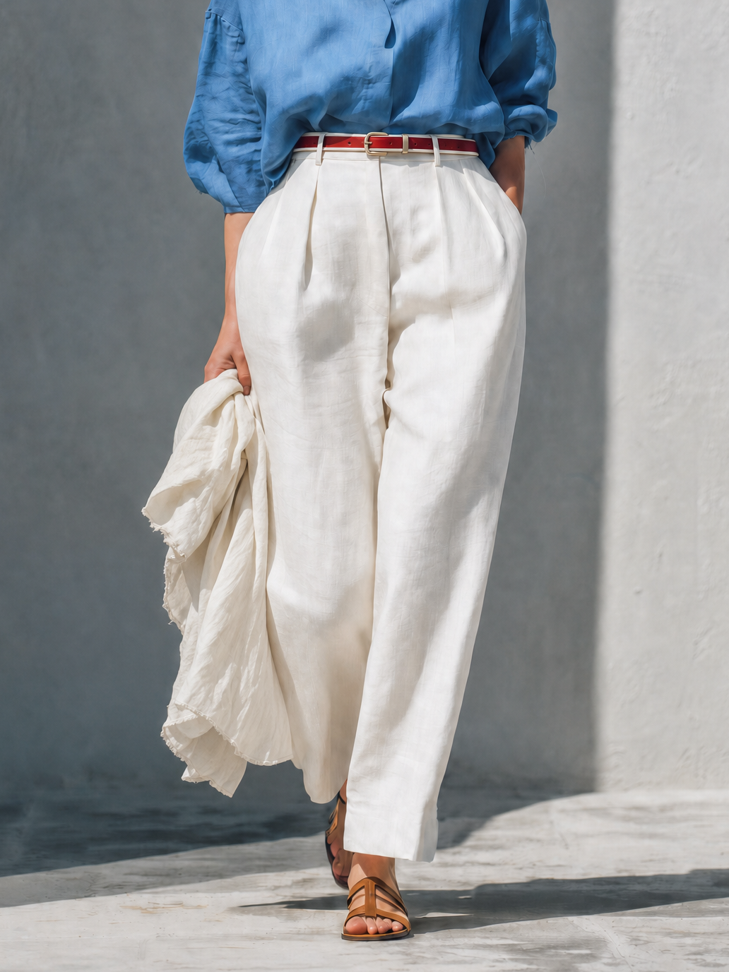 Women's Casual Linen Blend Two-Piece Set — Dusty Blue Oversized Collared Long Sleeve Shirt & Ivory High-Waisted Wide-Leg Trousers MDZ0345G8O