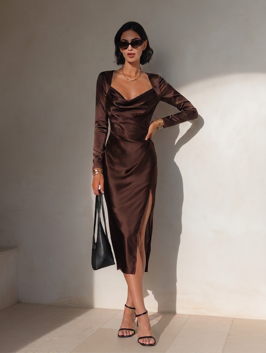 Women's Elegant Chocolate Brown Satin Cowl Neck Long Sleeve High Slit Bodycon Midi Dress MDZ0366G6O