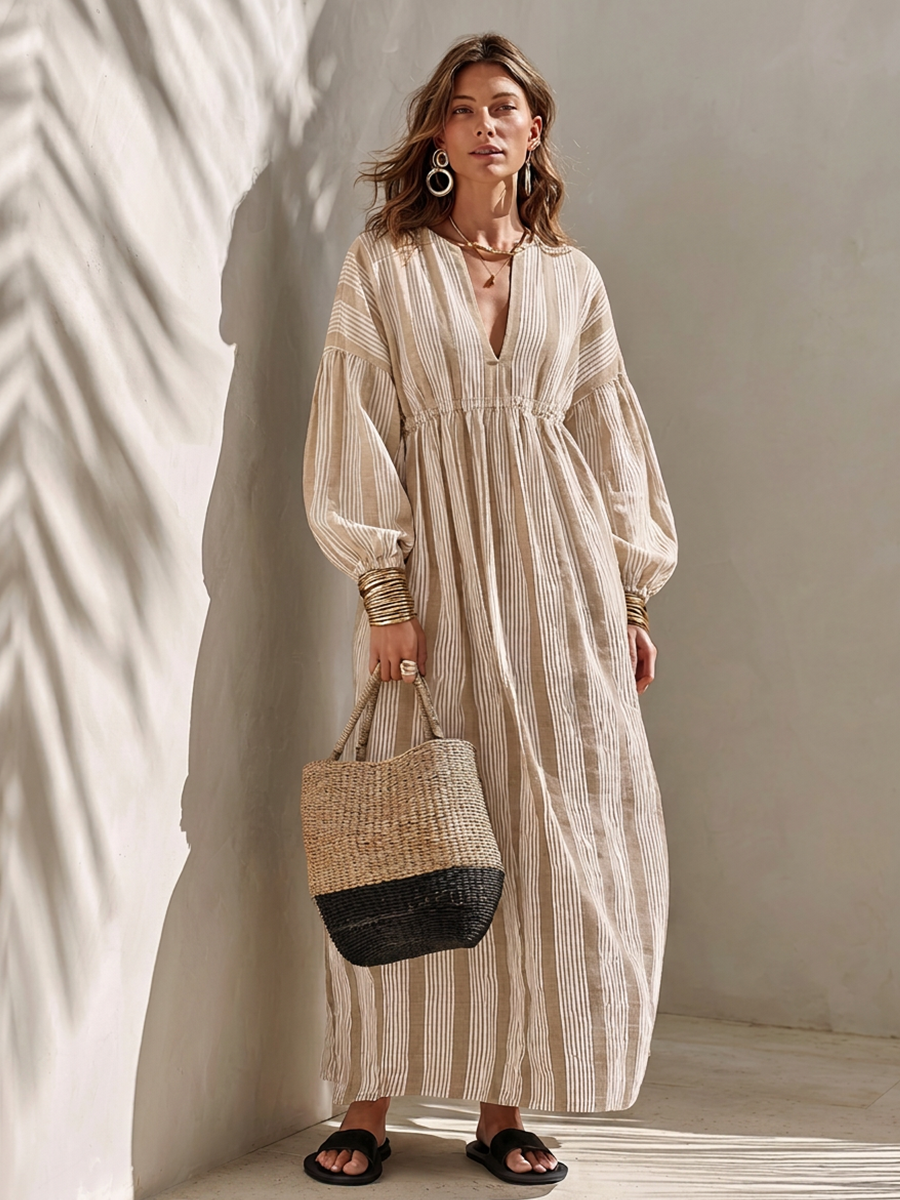 Women's Minimalist Off-White Vertical-Stripe Linen Maxi Dress MDZ0321G1ZRK