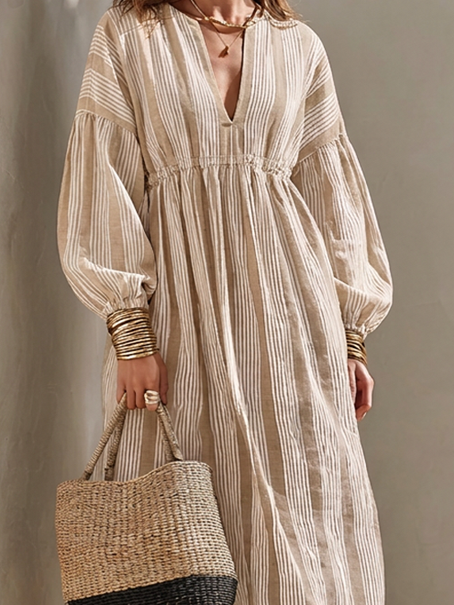 Women's Minimalist Off-White Vertical-Stripe Linen Maxi Dress MDZ0321G1ZRK