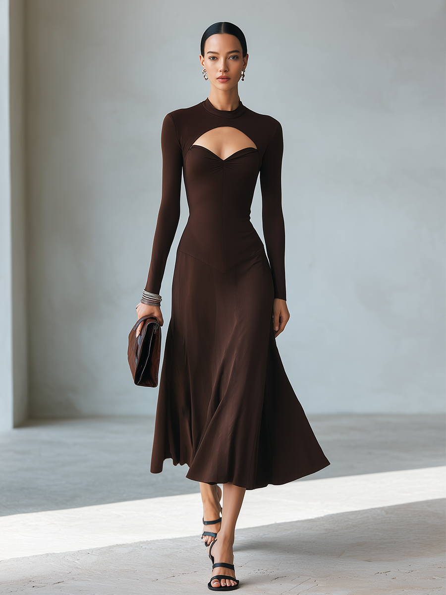 Women's Minimalist Solid Brown Midi Dress With Cut-Out Mock Neck MDZ0344G9ZRK