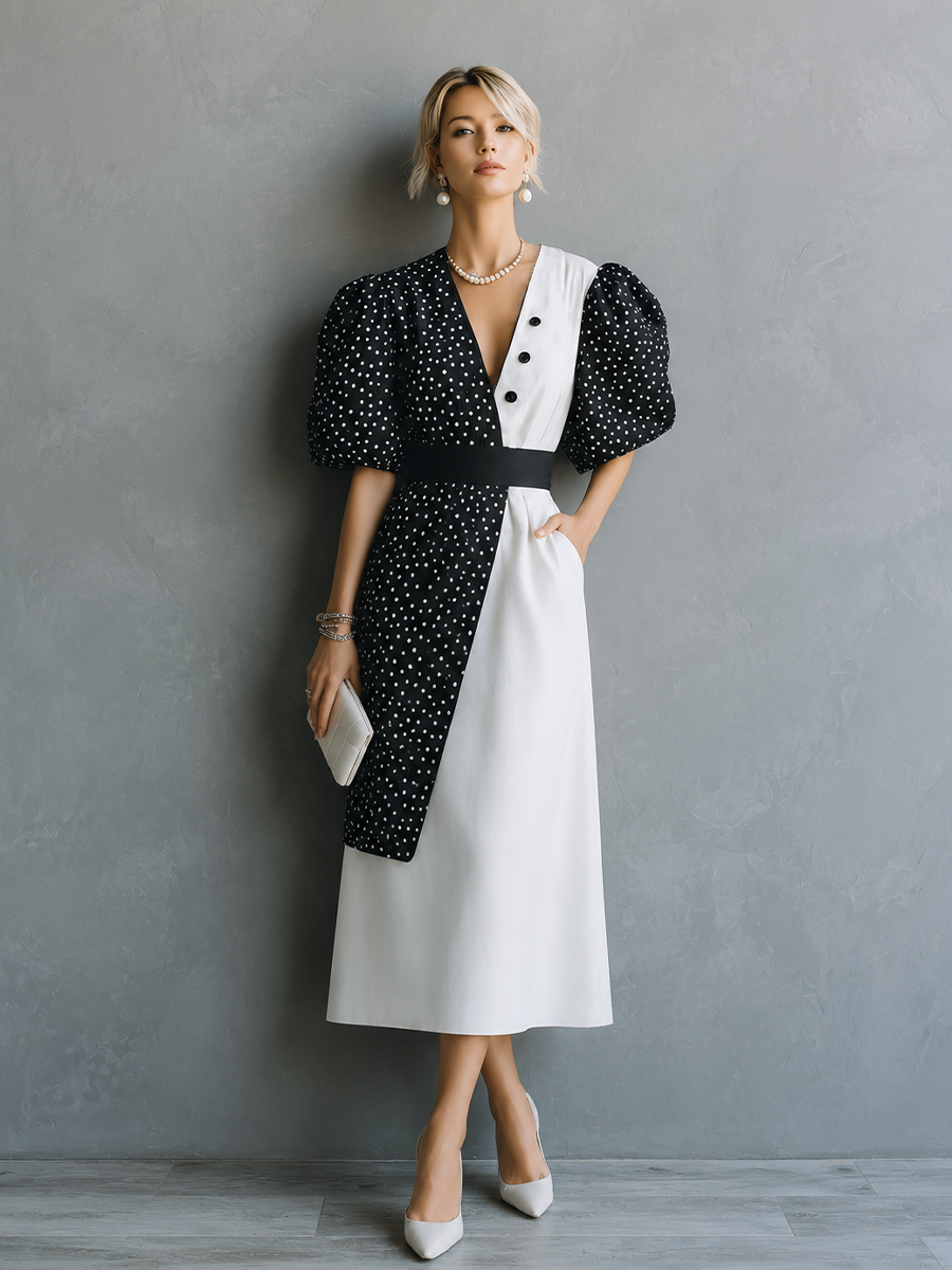 Women's Retro French Style Black White Cotton Blend Color Block V-Neck Puff Short Sleeve Waistband Midi Dress MDZ0334G2GMJ