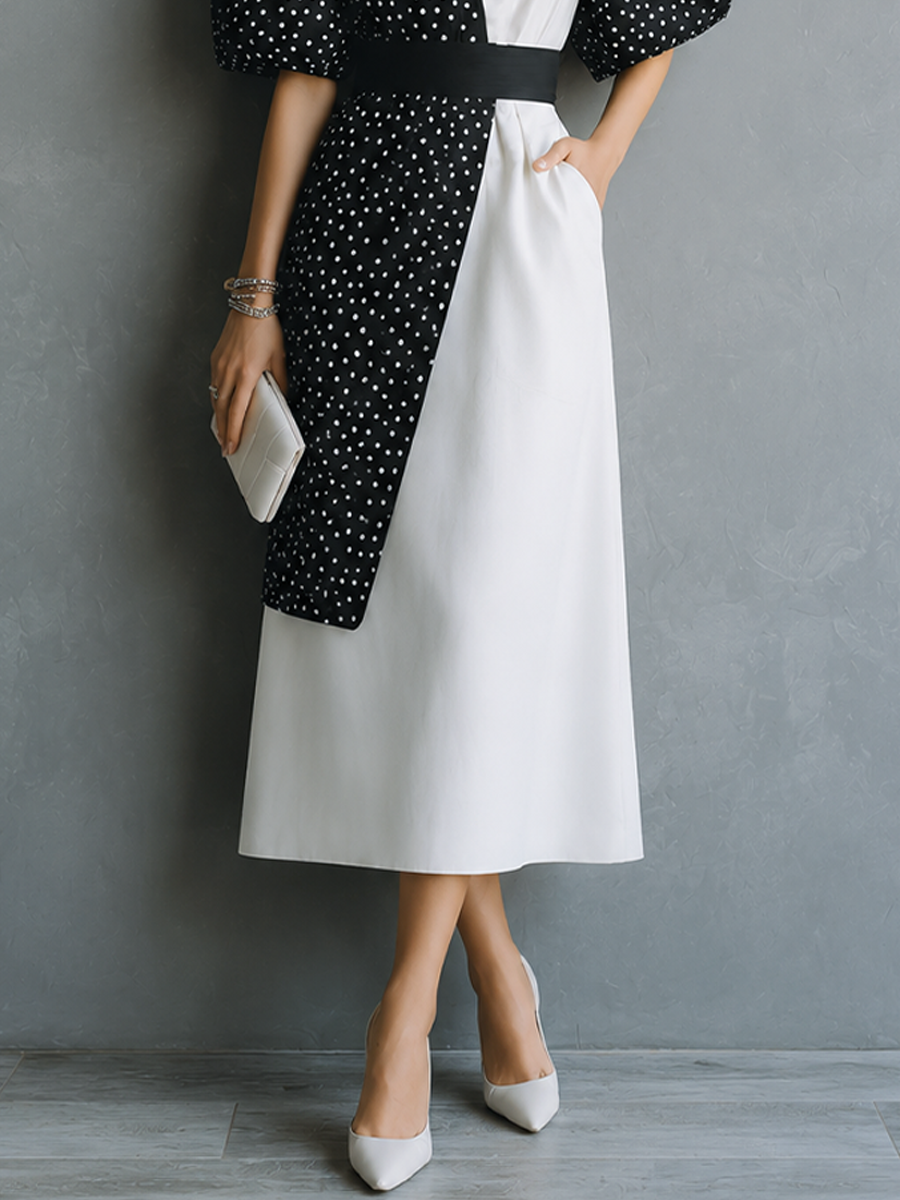 Women's Retro French Style Black White Cotton Blend Color Block V-Neck Puff Short Sleeve Waistband Midi Dress MDZ0334G2GMJ