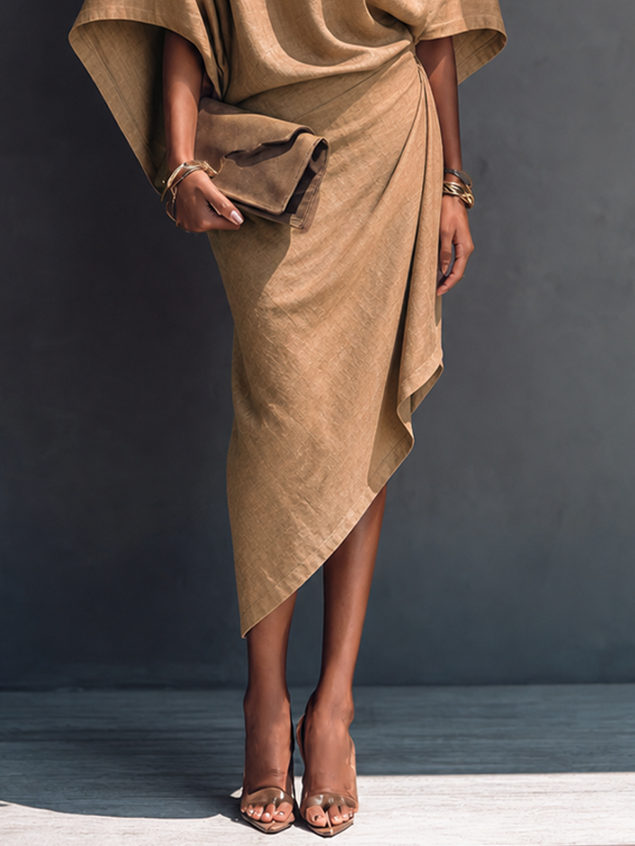 Women's Modern Minimalist Khaki Linen Blend Draped Asymmetric Short Sl – Modesees