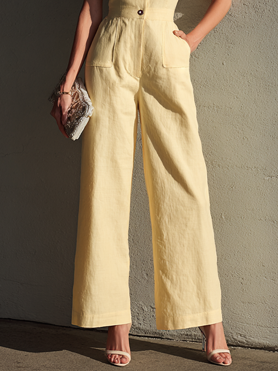 Women's Retro Elegant Light Yellow Cotton Blend Lace Collar Short Sleeve Wide-Leg Jumpsuit MDZ0397G7GMJ