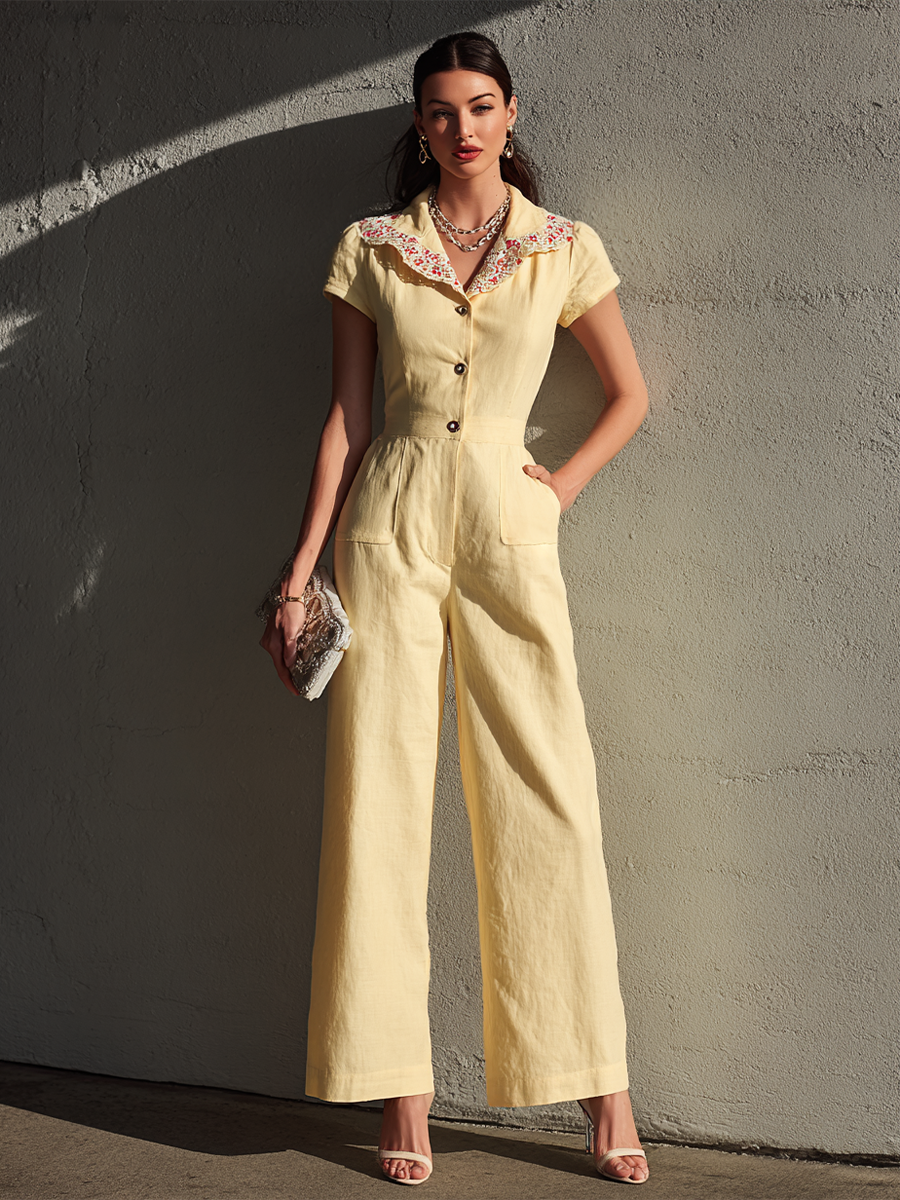 Women's Retro Elegant Light Yellow Cotton Blend Lace Collar Short Sleeve Wide-Leg Jumpsuit MDZ0397G7GMJ