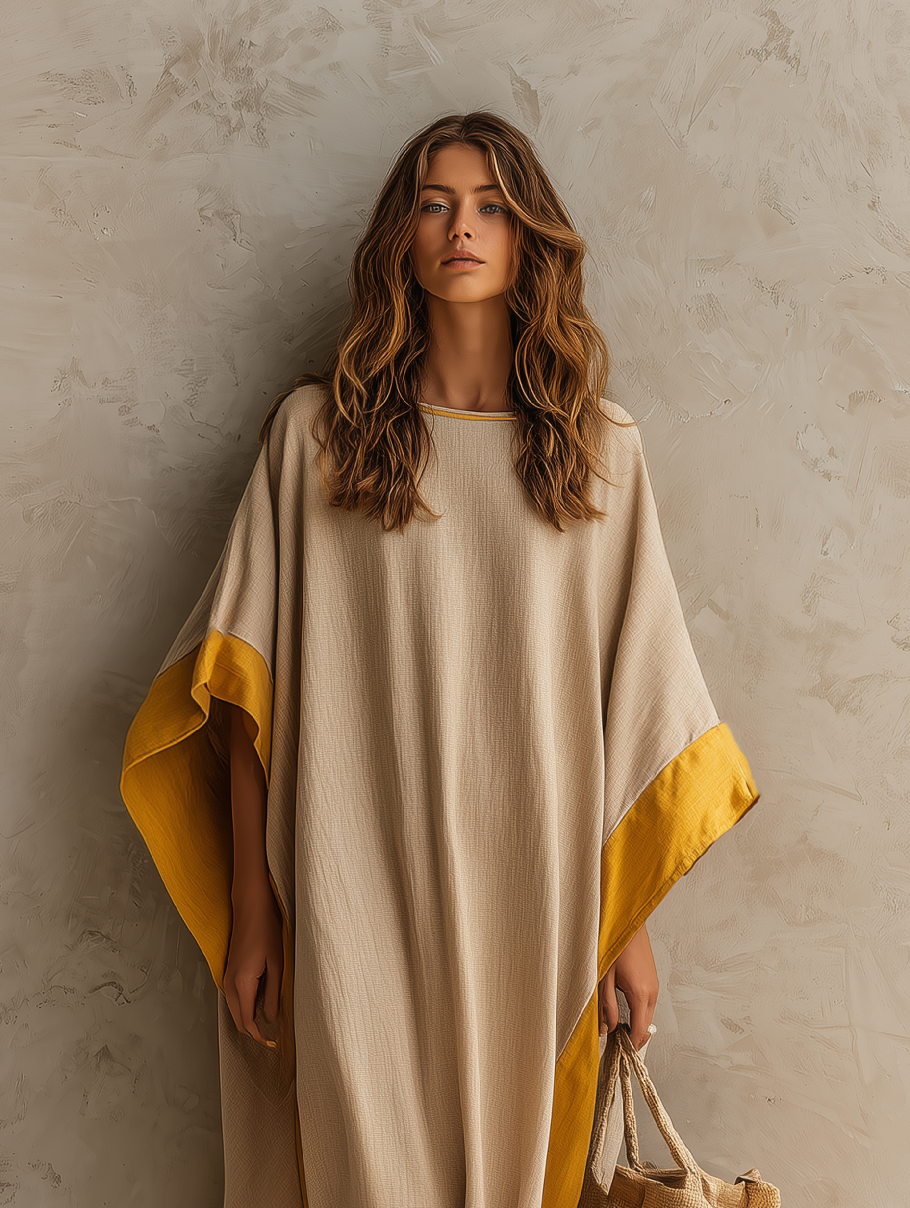 Women's Casual Khaki Cotton-linen Maxi Dress With A Round Neck And Batwing Sleeves MDZ0647G5LXY