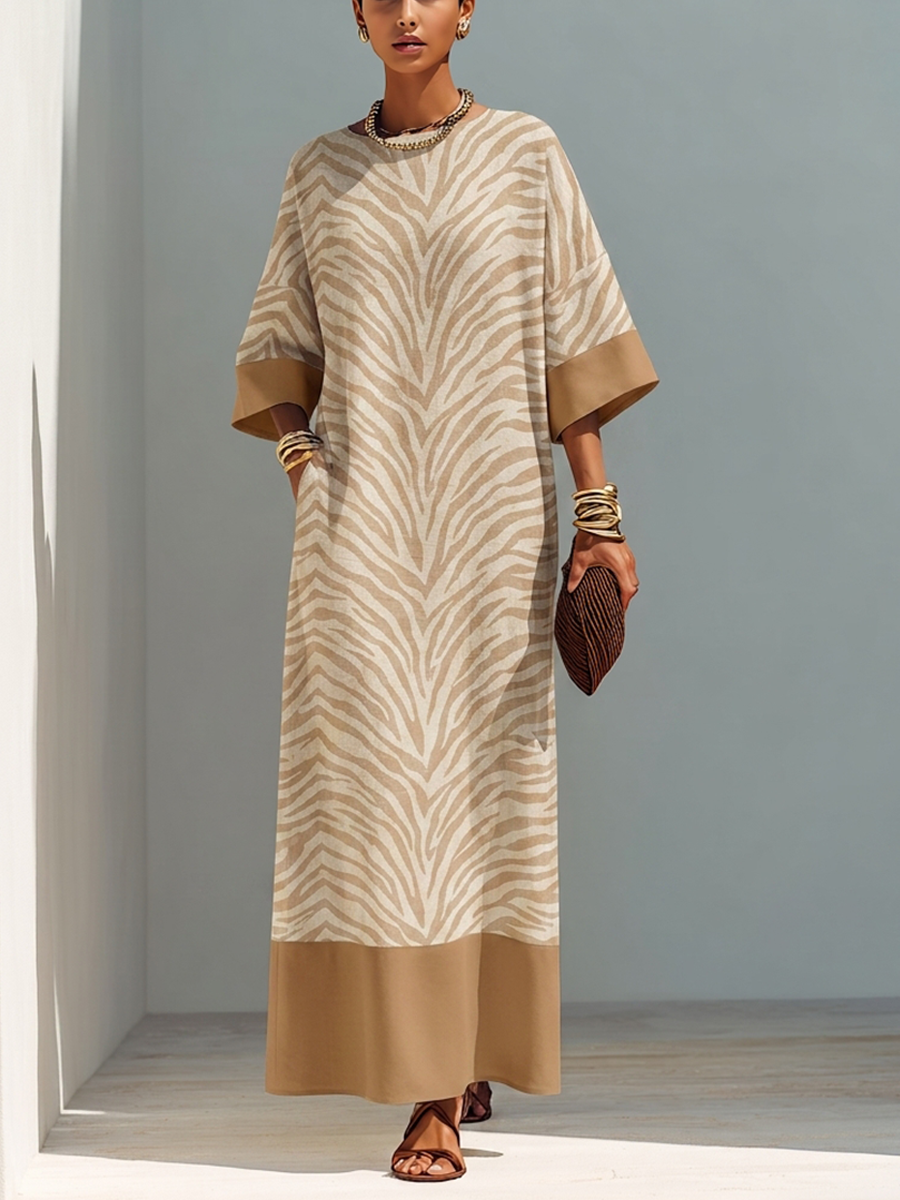 Women's Minimalist Zebra-Print Color-Block Linen Maxi Dress MDZ0623G8ZRK