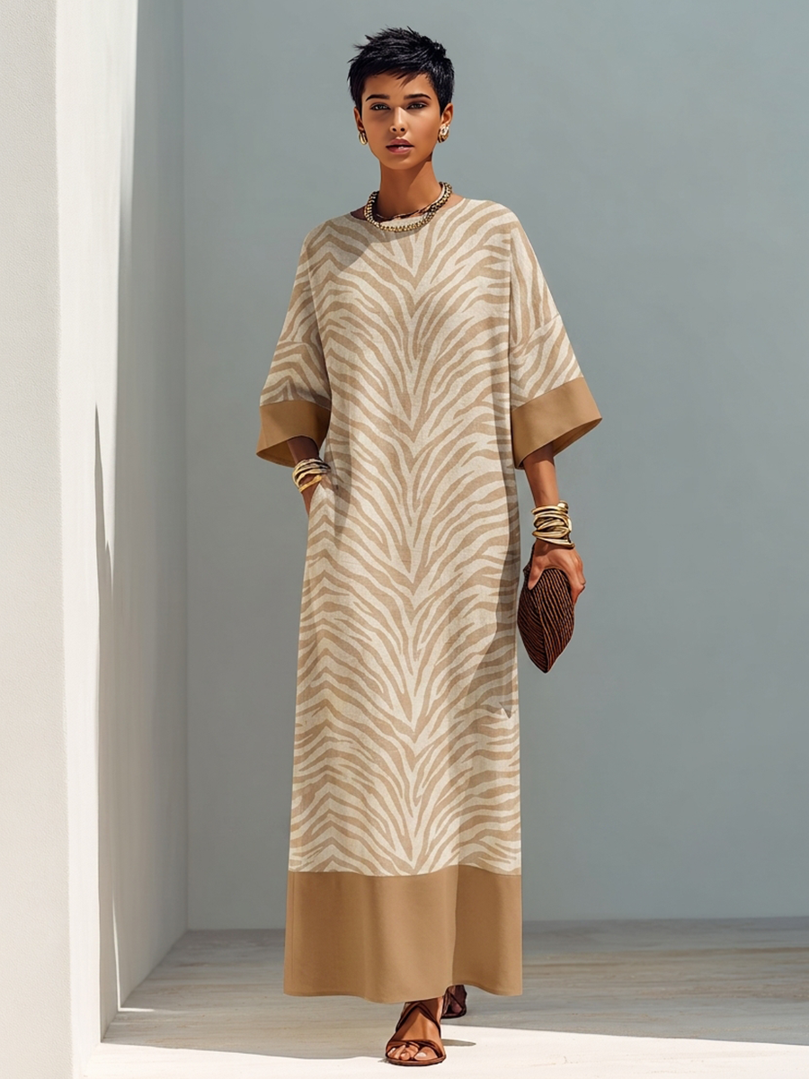 Women's Minimalist Zebra-Print Color-Block Linen Maxi Dress MDZ0623G8ZRK