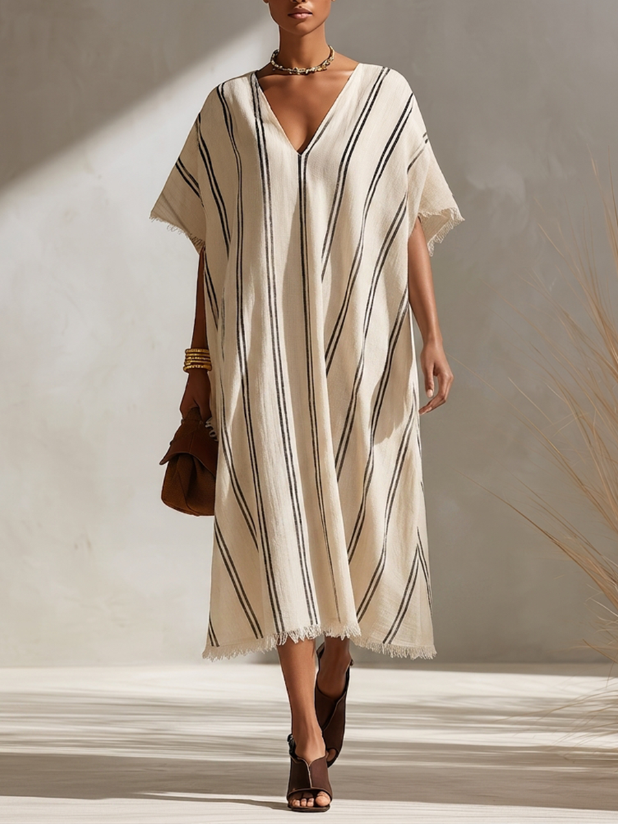 Women's Minimalist Beige & Black Diagonal-Stripe Linen Kaftan Midi Dress With Fringed Details MDZ0621G6ZRK
