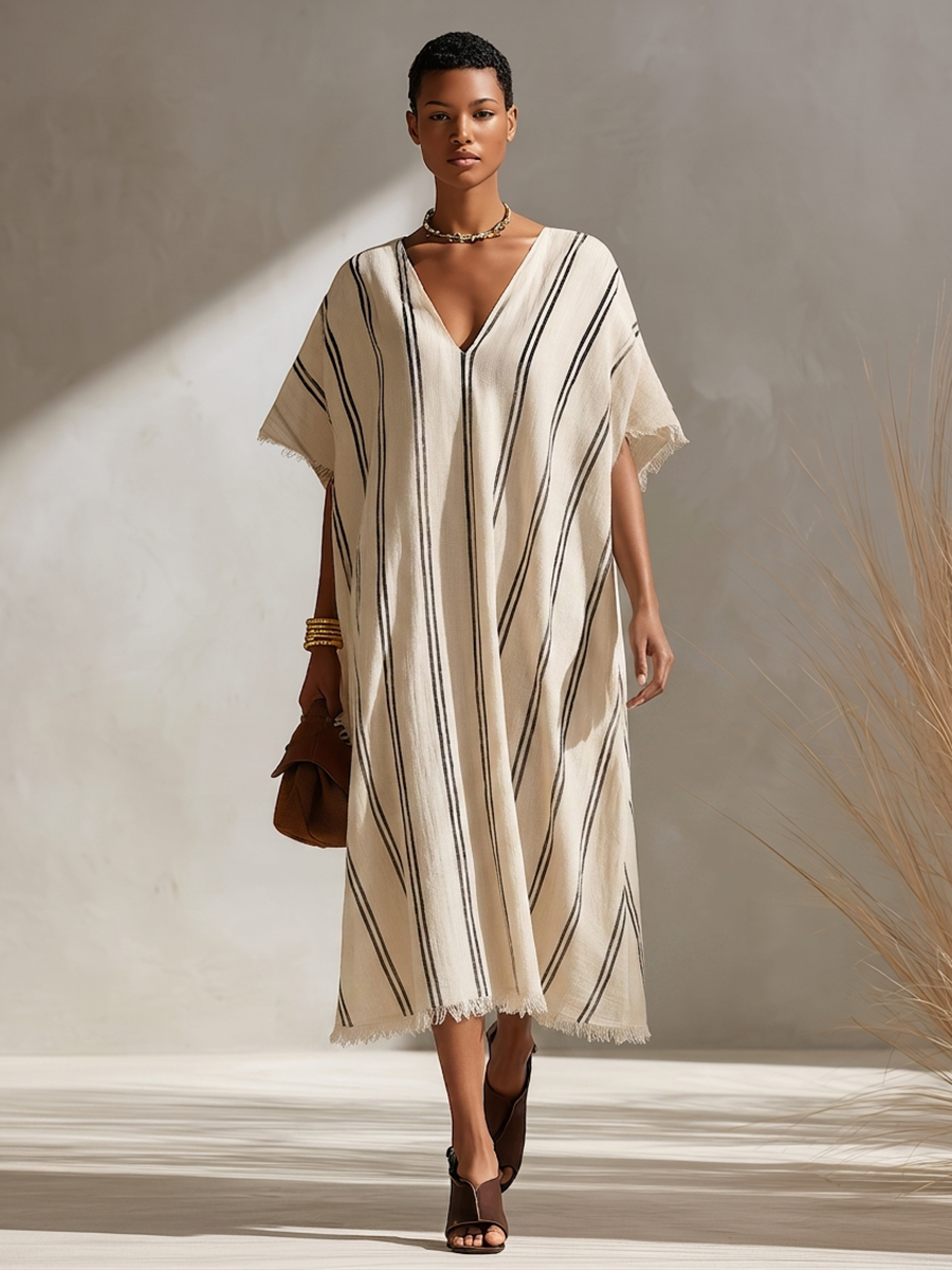 Women's Minimalist Beige & Black Diagonal-Stripe Linen Kaftan Midi Dress With Fringed Details MDZ0621G6ZRK