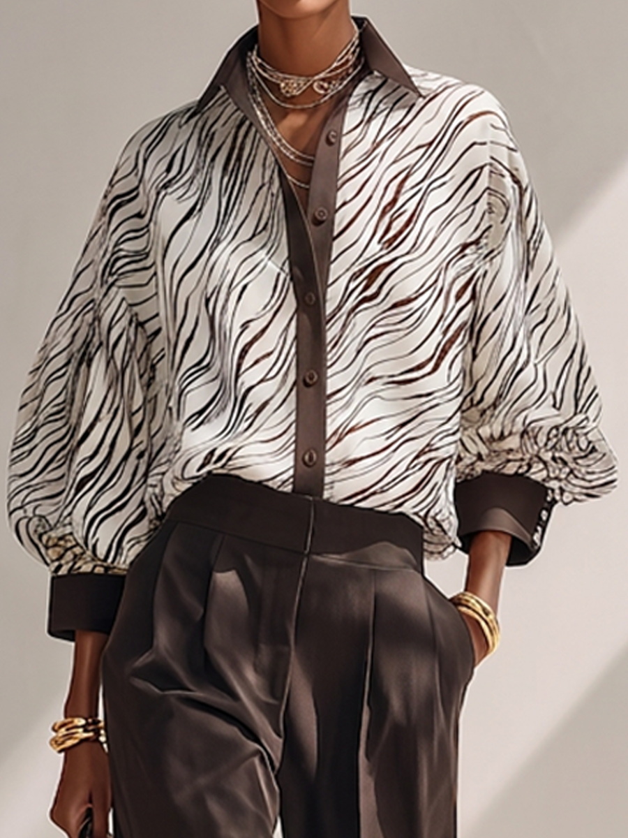 Women's Minimalist Lightweight Zebra-Print Long-Sleeve Shirt & Solid Brown Wide-Leg Trousers Two-Piece Set MDZ0696G1ZRK