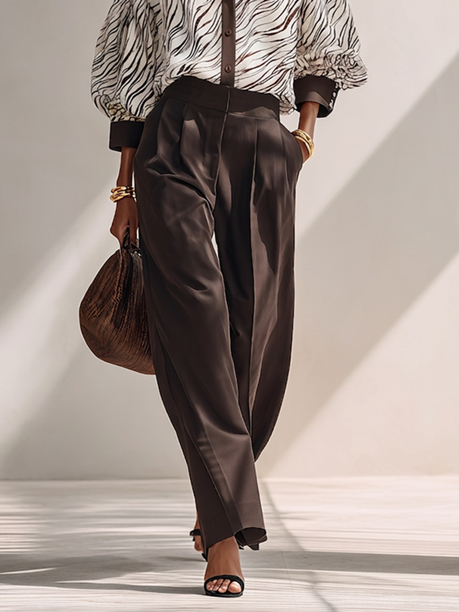 Women's Casual Dark Brown Wide-Leg Tailored Pants MDZ0626G8ZRK
