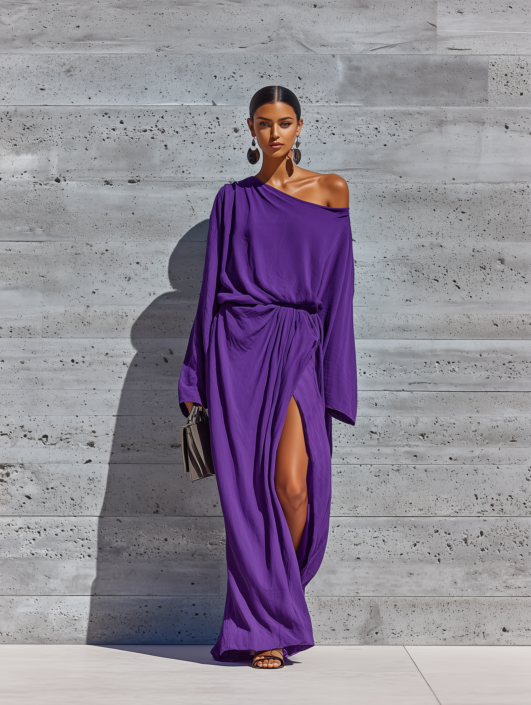 Women’s Elegant Deep Purple Cotton Blend Asym Cold Shoulder Batwing Sleeve Ruched Waist Wrap Over Split Maxi Party Dress MDZ0645G9YZJ