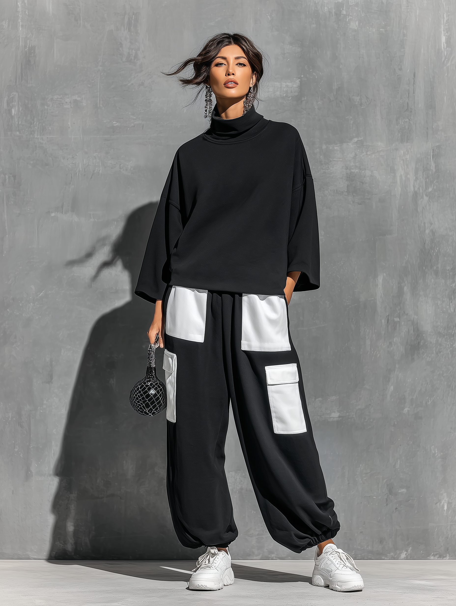 Women’s Black French Terry Oversized High Neck 3/4 Sleeve Sweatshirt & Elastic Cuff Color Block White Patch Pocket Jogger Cargo Pants Two Piece Tracksuit Set MDZ0696G6YZJ