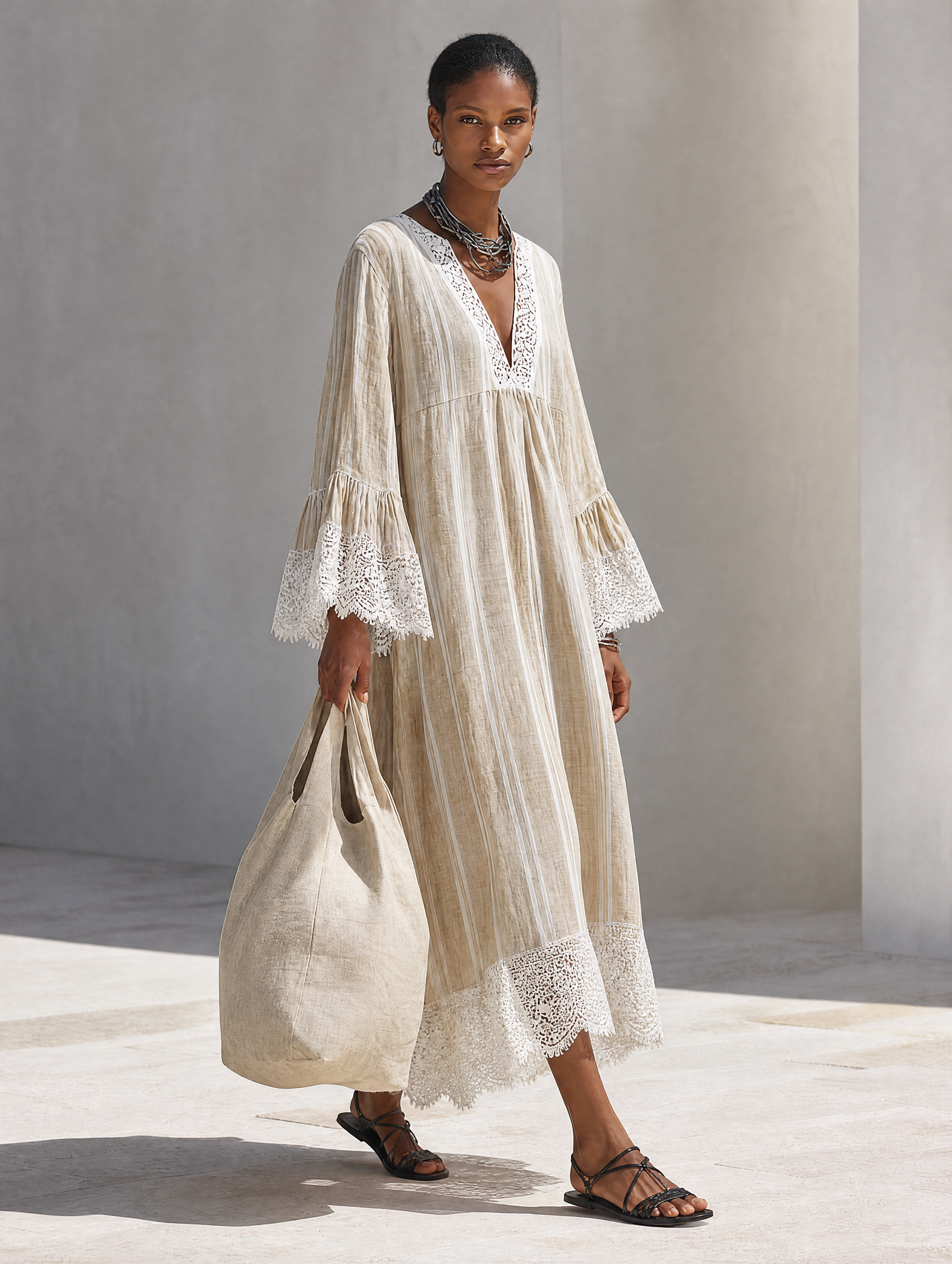 Women's Minimalist Beige Vertical-Stripe Maxi Dress With White Lace Trim And Flared Long Sleeves MDZ1745F9ZRK