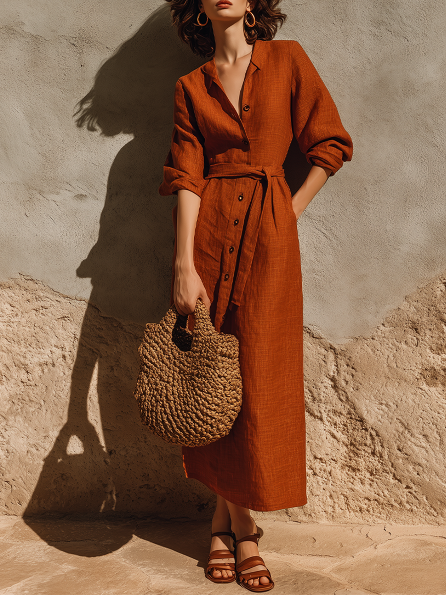 Women's Rust Terracotta Textured Linen Maxi Gown With Oversized Relaxed Silhouette & Adjustable Wrap Waist, Minimalist Effortless-Chic Summer Maxi Dress MDZ0642G8LYL