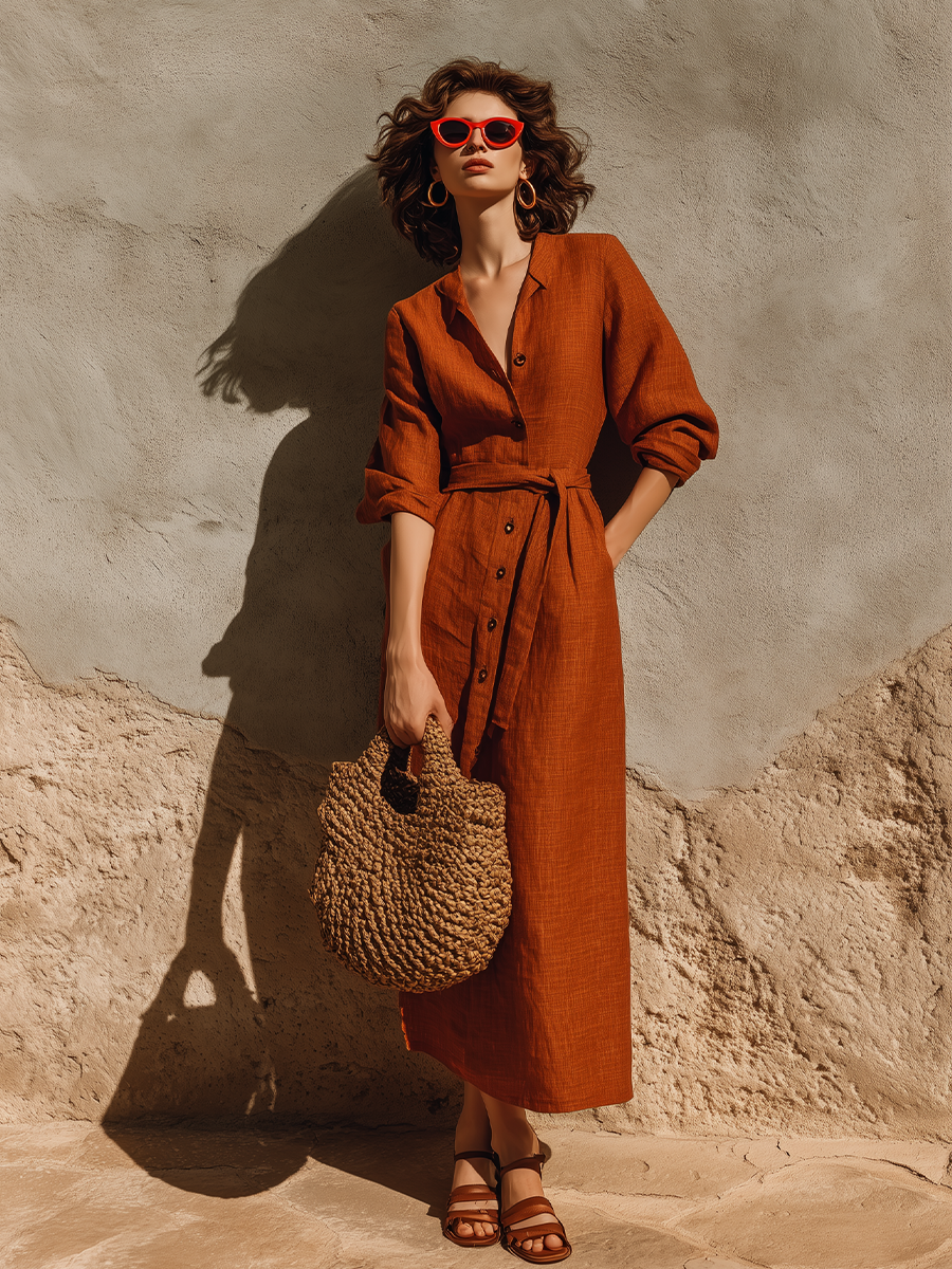 Women's Rust Terracotta Textured Linen Maxi Gown With Oversized Relaxed Silhouette & Adjustable Wrap Waist, Minimalist Effortless-Chic Summer Maxi Dress MDZ0642G8LYL