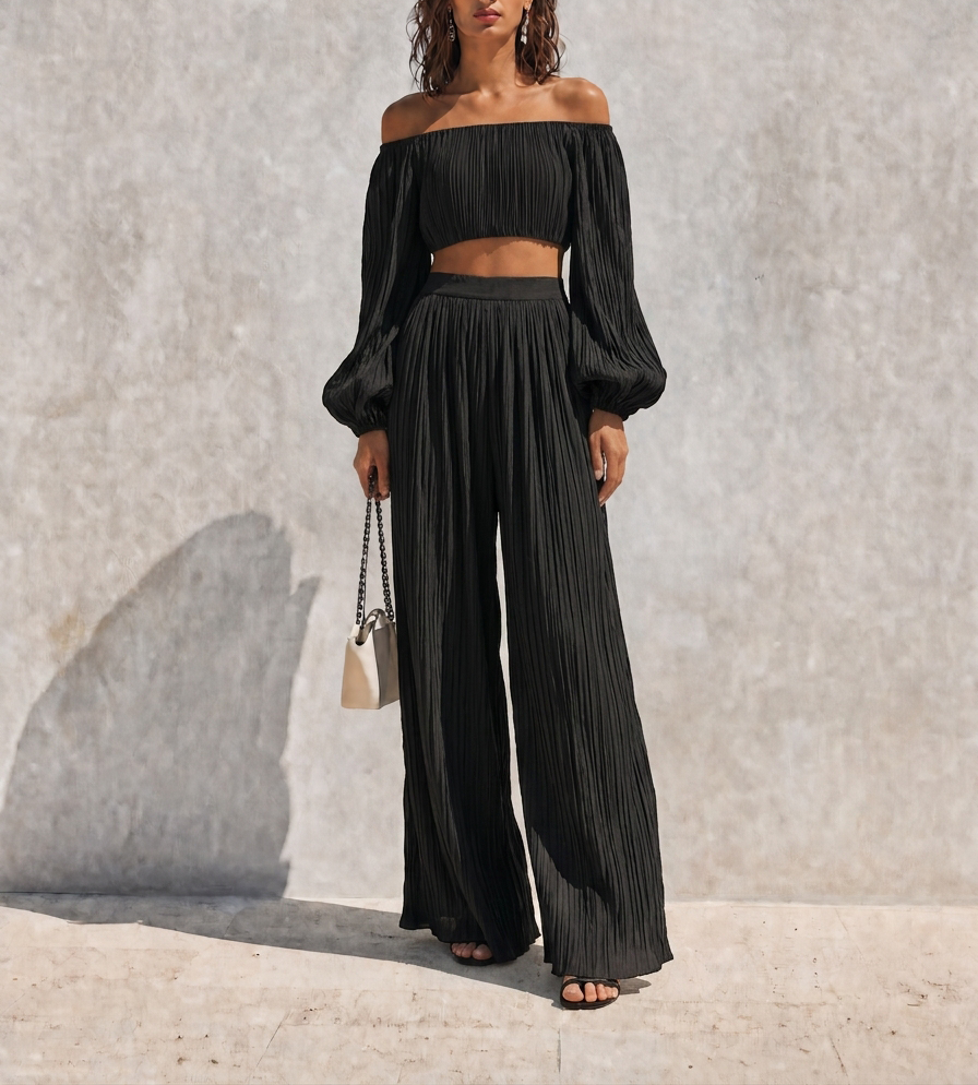 Women's Vacation Style Black Pleated Off Shoulder Puff Long Sleeve Cropped Top Wide Leg Pants Set MDZ0605G8Q