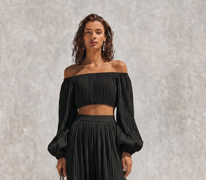 Women's Vacation Style Black Pleated Off Shoulder Puff Long Sleeve Cropped Top Wide Leg Pants Set MDZ0605G8Q