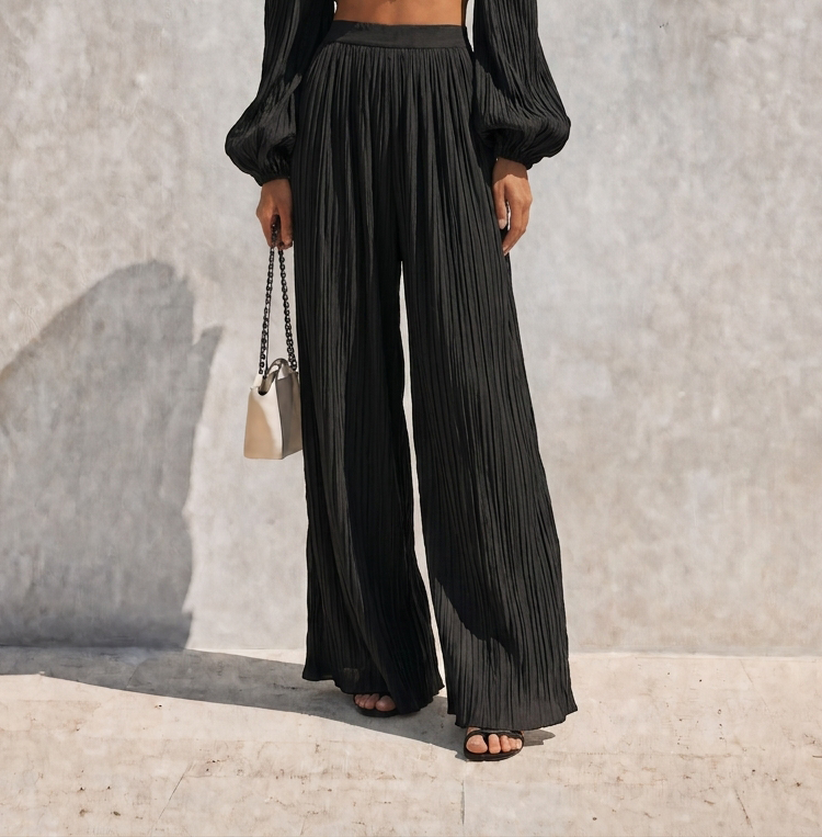 Women's Vacation Style Black Pleated Off Shoulder Puff Long Sleeve Cropped Top Wide Leg Pants Set MDZ0605G8Q