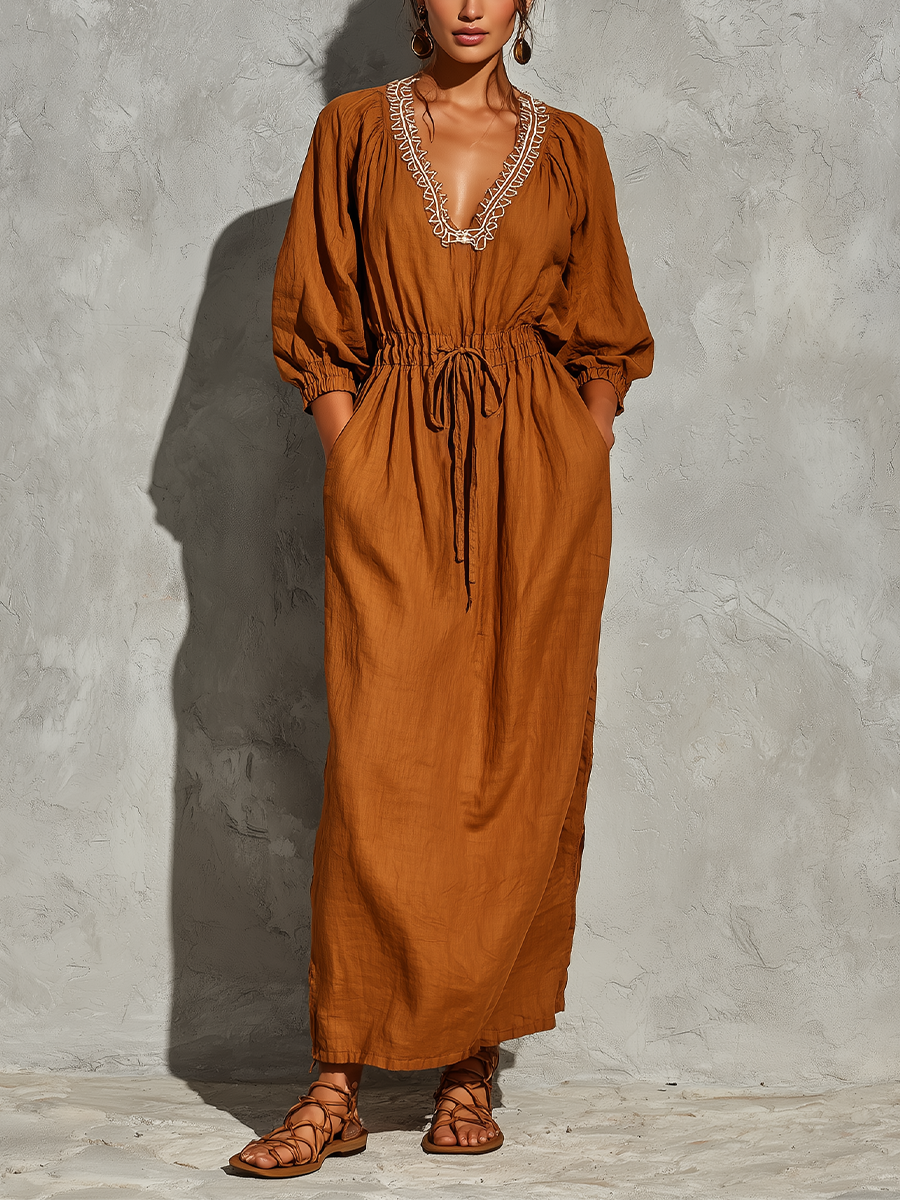 Women’s Rust Linen Blend White Contrast Embroidery V Neck Bubble Cuff Sleeve Drawstring Waist Midi Maxi Dress With Side Pockets MDZ0609G1YZJ