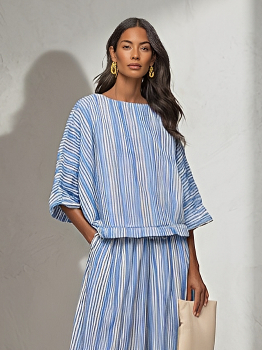 Women's Blue White Vertical Stripe Cotton Blend Two-Piece Set With Boat Neck Batwing Sleeve Top & Elastic Waist Midi Pants, Minimalist Summer Resort Matching Outfit MDZ0695G4LYL